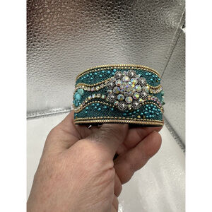 Turquoise & Gold Boho Cuff Bracelet w/ Sparkling Round 18mm Ginger Snap! NWT